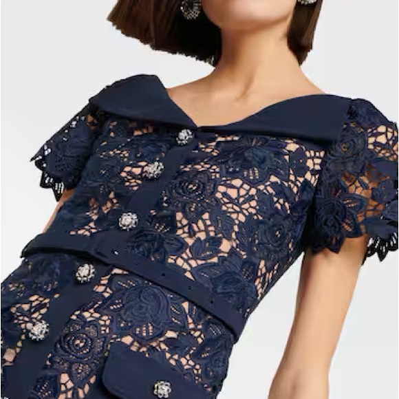 SELF PORTRAIT NEW Navy Lace Dress with Floral Details - Picture 1 of 2